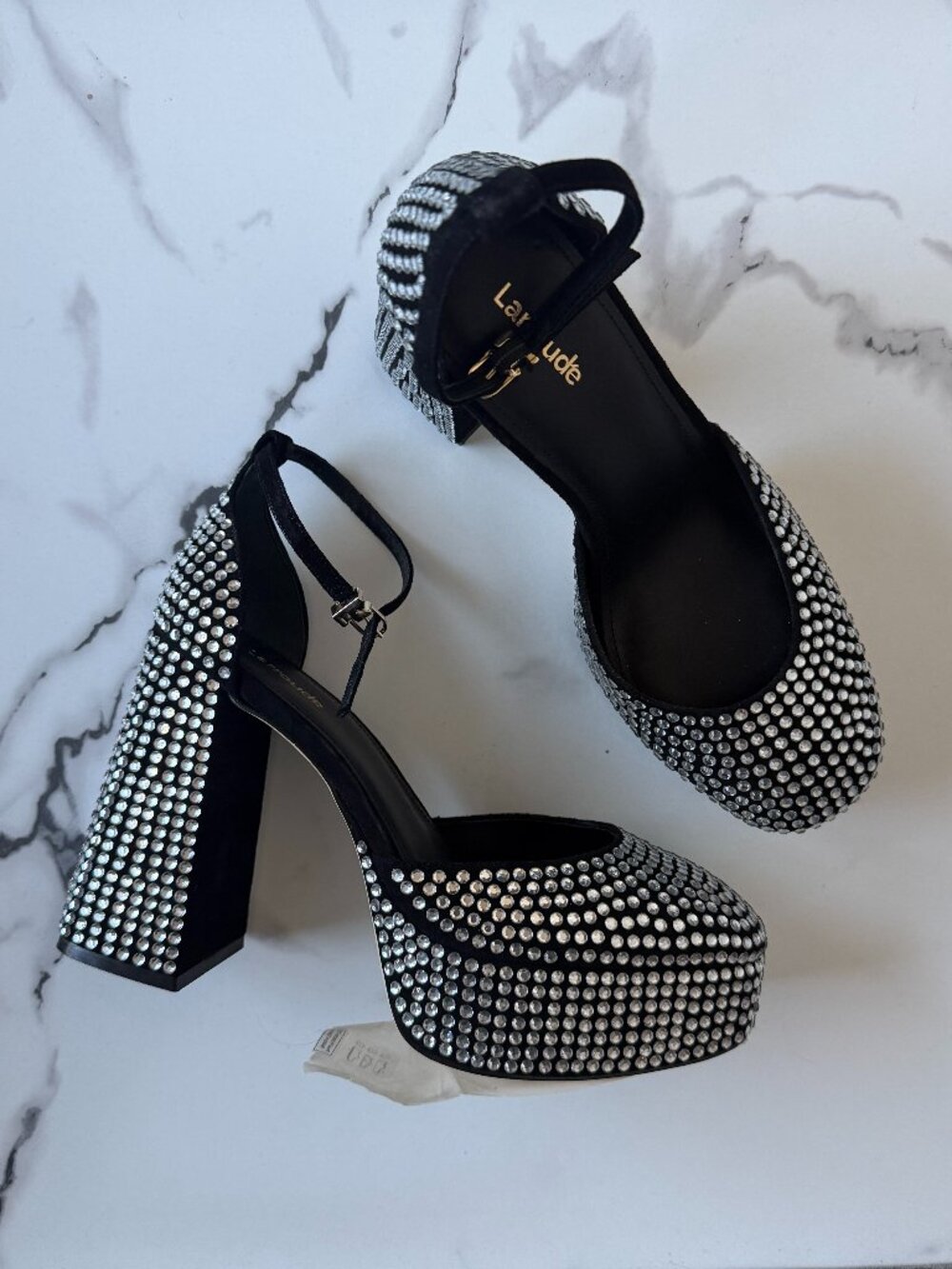 NEW Larroudé Ari Crystal Platform Pumps in Black Silver Size 9 - Picture 2 of 9